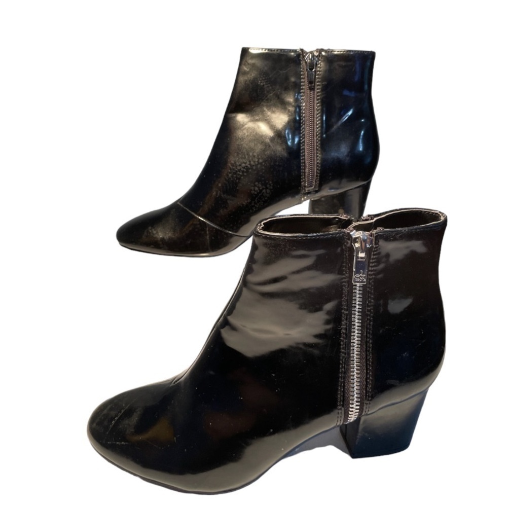 Calvin Klein Karena Black Patent‎ Leather Zipper Ankle Square Heel Boots Sz 7.5